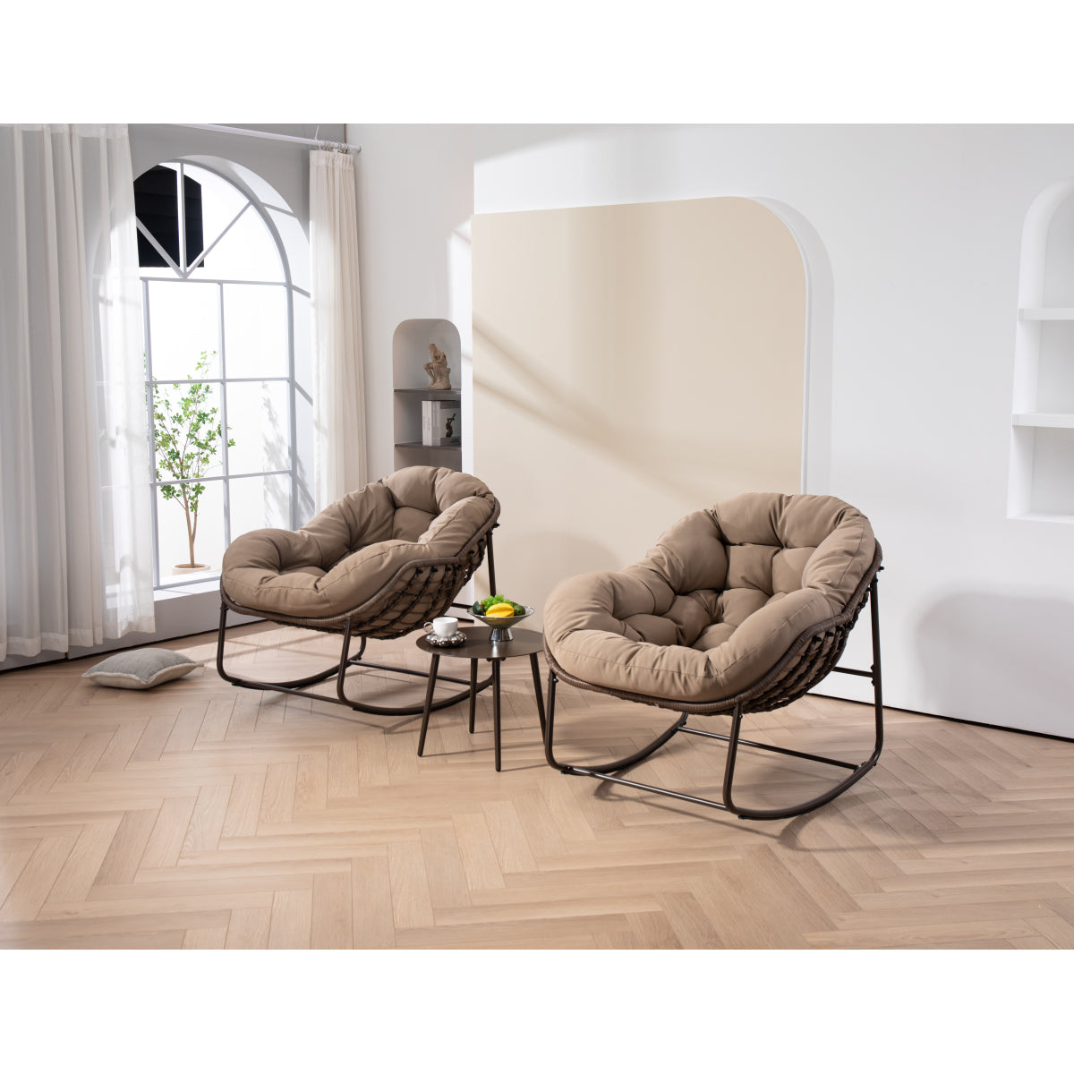Outdoor Rocking Chair, Patio Oversized Wicker Egg Rocking Chair, Indoor & Outdoor Comfy Rocker Chair with Thick Cushion, Modern Lounge Chair for Balcony, Front Porch, Garden, Backyard, khaki