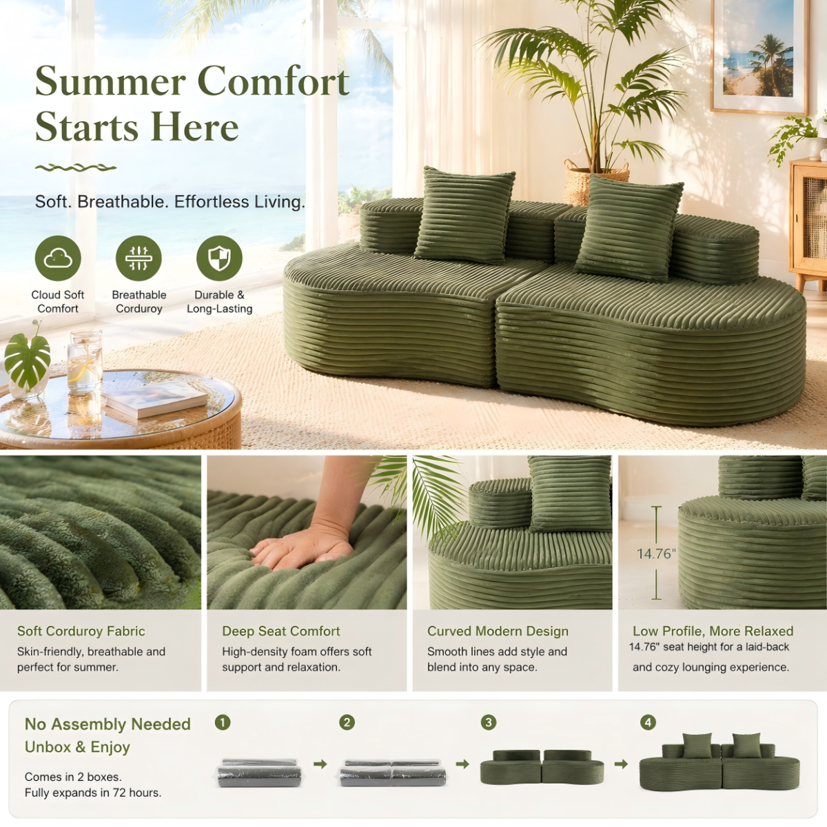 110.24" Fully Compressed Sofa, Corduroy 2-Seater Couch with 2 Lumbar Pillows, Cozy Deep Seat Upholstered Sofa, No Assembly Cloud Couch for Living Room & Bedroom, YKX-33003A-2-GREEN   WL
