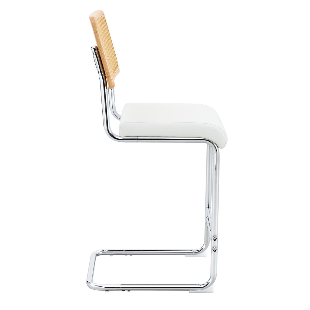 Natural rattan bar stool 2-piece set with solid wood backrest 25 inches medieval modern style counter stool white PU leather kitchen stool chrome metal legs.