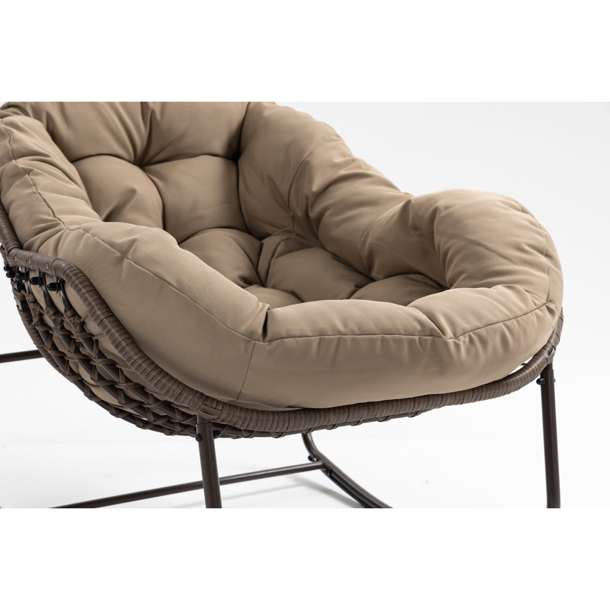 Outdoor Rocking Chair, Patio Oversized Wicker Egg Rocking Chair, Indoor & Outdoor Comfy Rocker Chair with Thick Cushion, Modern Lounge Chair for Balcony, Front Porch, Garden, Backyard, khaki