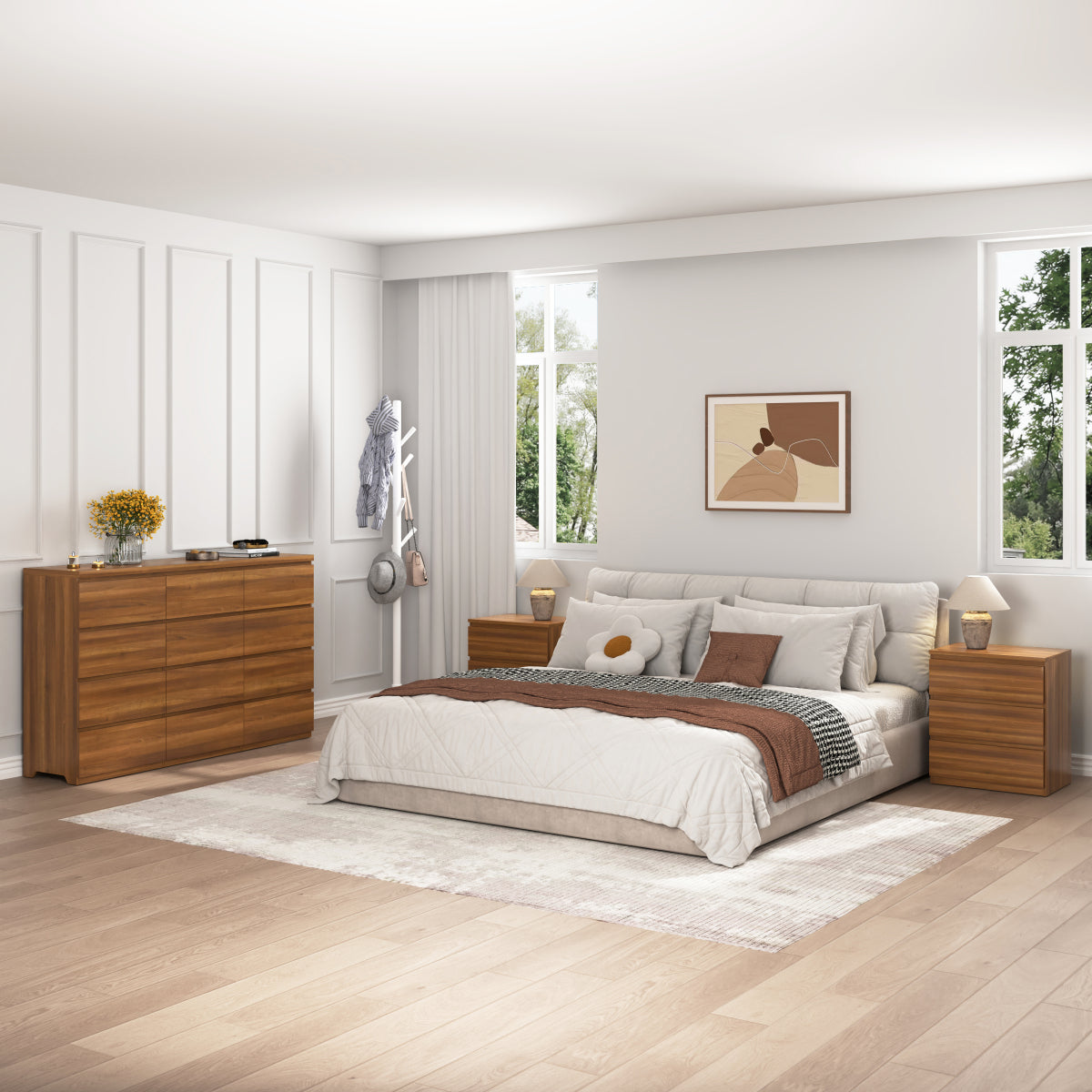 12 Drawers Double Dresser, Modern Wood Dresser Chest of Drawers with Large Storage Space for Bedroom, Walnut