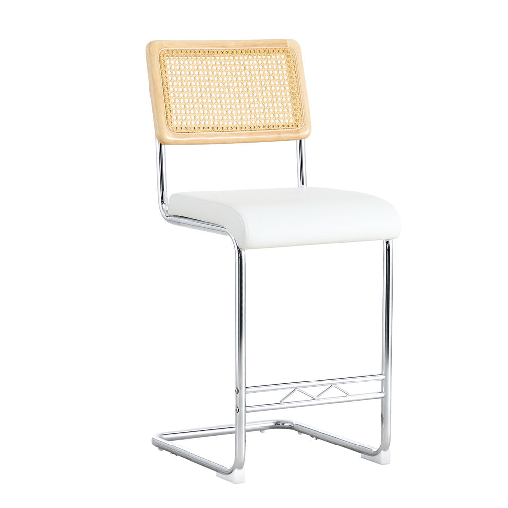 Natural rattan bar stool 2-piece set with solid wood backrest 25 inches medieval modern style counter stool white PU leather kitchen stool chrome metal legs.