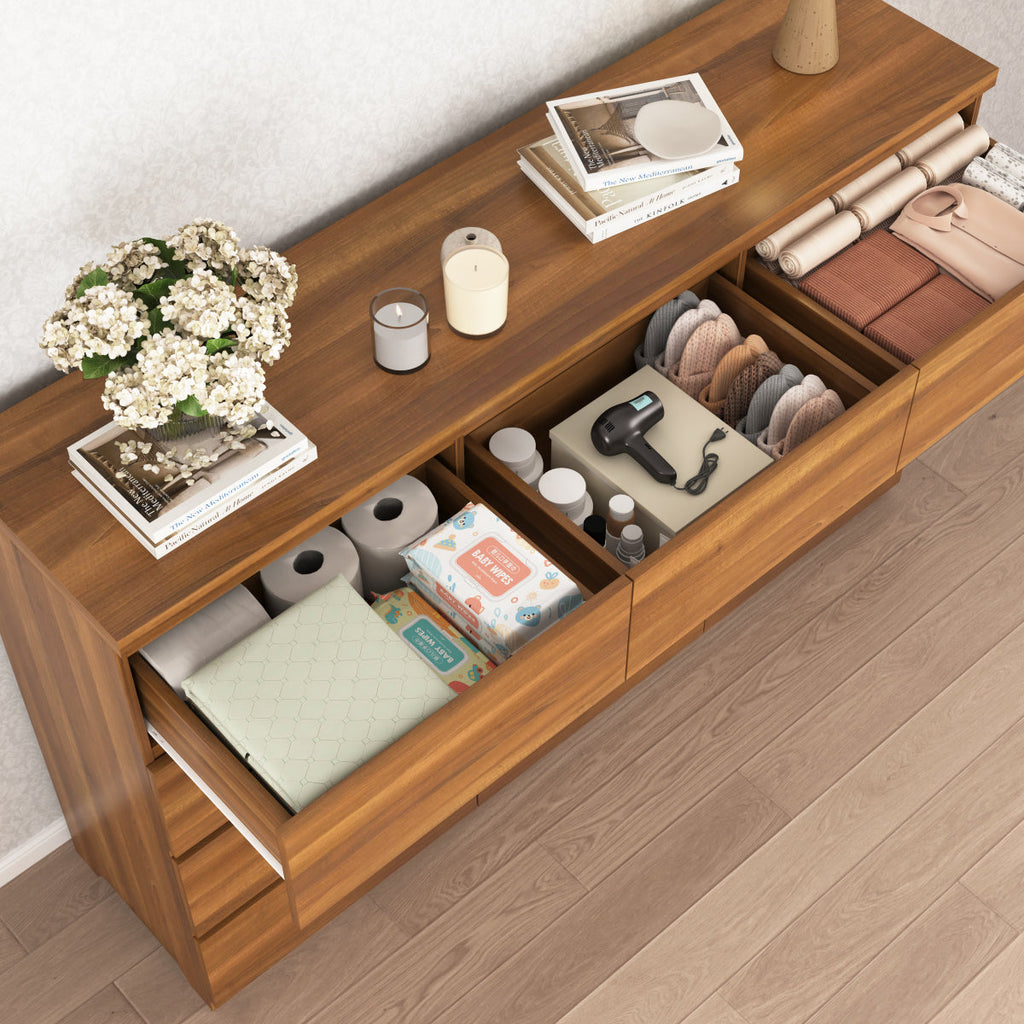 12 Drawers Double Dresser, Modern Wood Dresser Chest of Drawers with Large Storage Space for Bedroom, Walnut