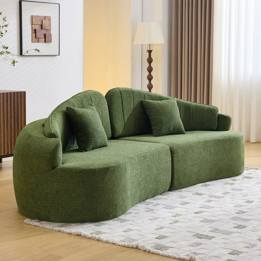 Curved four-seat fully compressed sofa, long-term sitting without collapse, removable backrest, green chenille fabric, simple, retro style, suitable for small spaces and apartments   WL