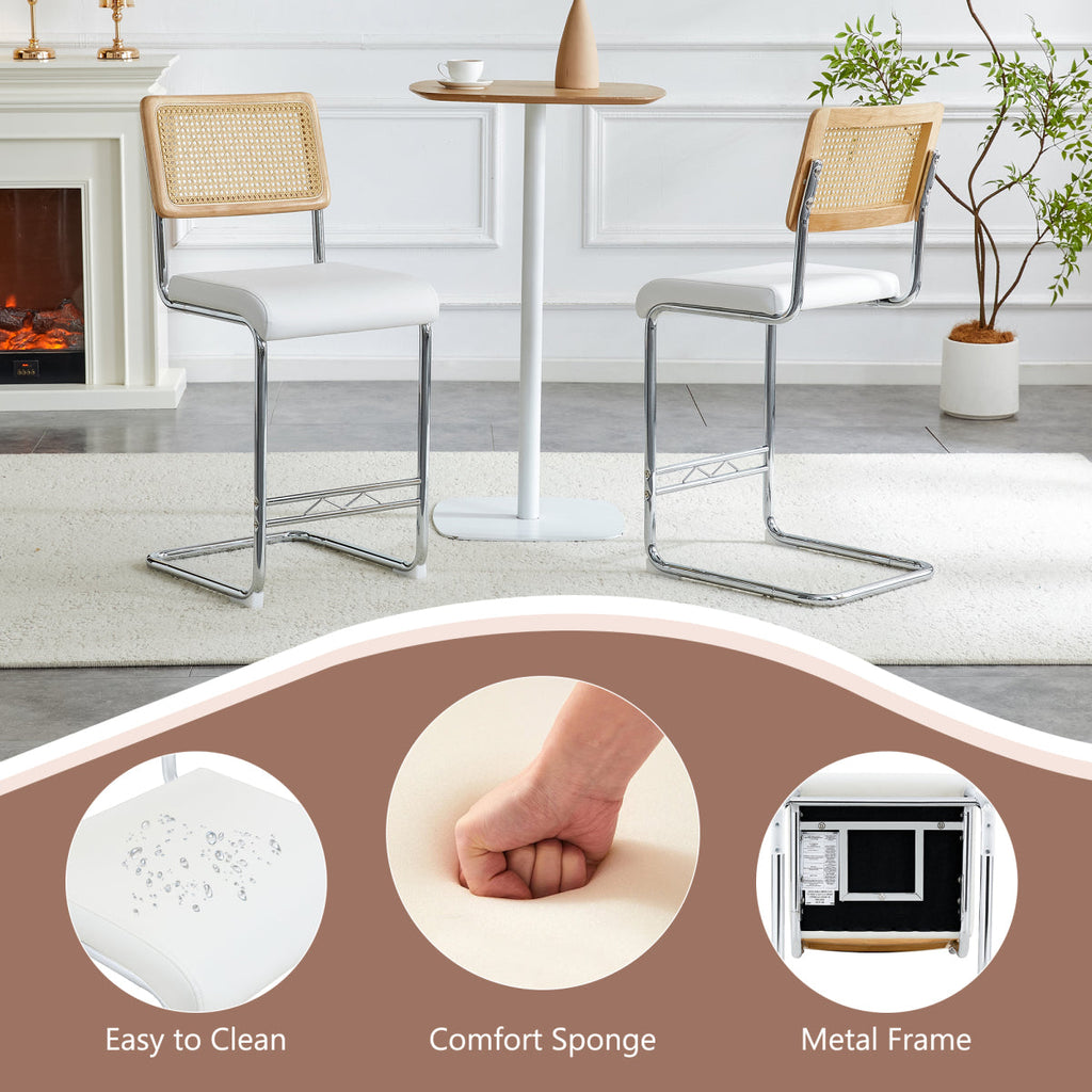 Natural rattan bar stool 2-piece set with solid wood backrest 25 inches medieval modern style counter stool white PU leather kitchen stool chrome metal legs.