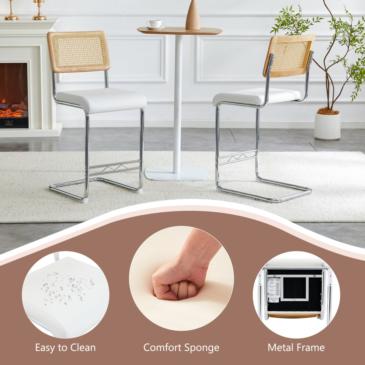 Natural rattan bar stool 2-piece set with solid wood backrest 25 inches medieval modern style counter stool white PU leather kitchen stool chrome metal legs.