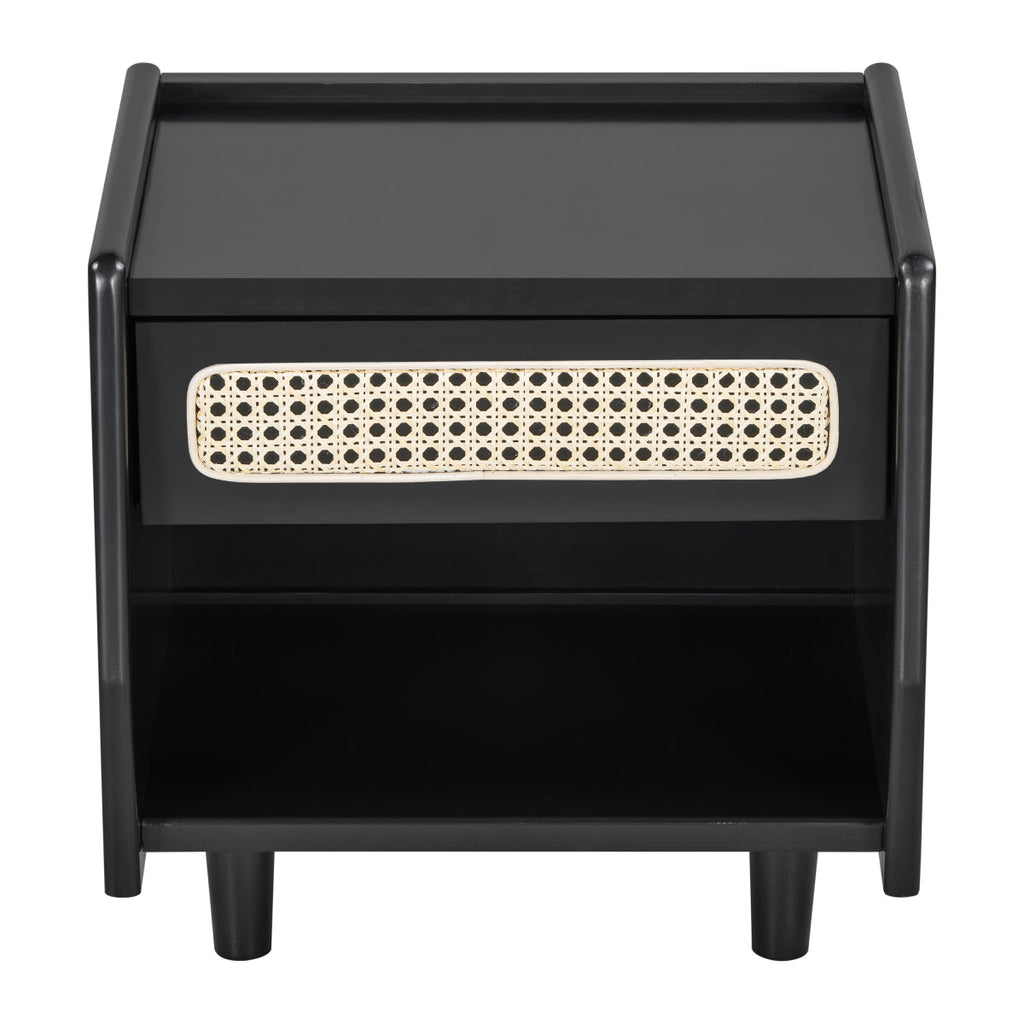Christopher Knight Home® Black Nightstand with Rattan Detail, MDF + Solid Wood, Modern Bedroom Storage, Open Shelf & Drawer, Indoor Furniture