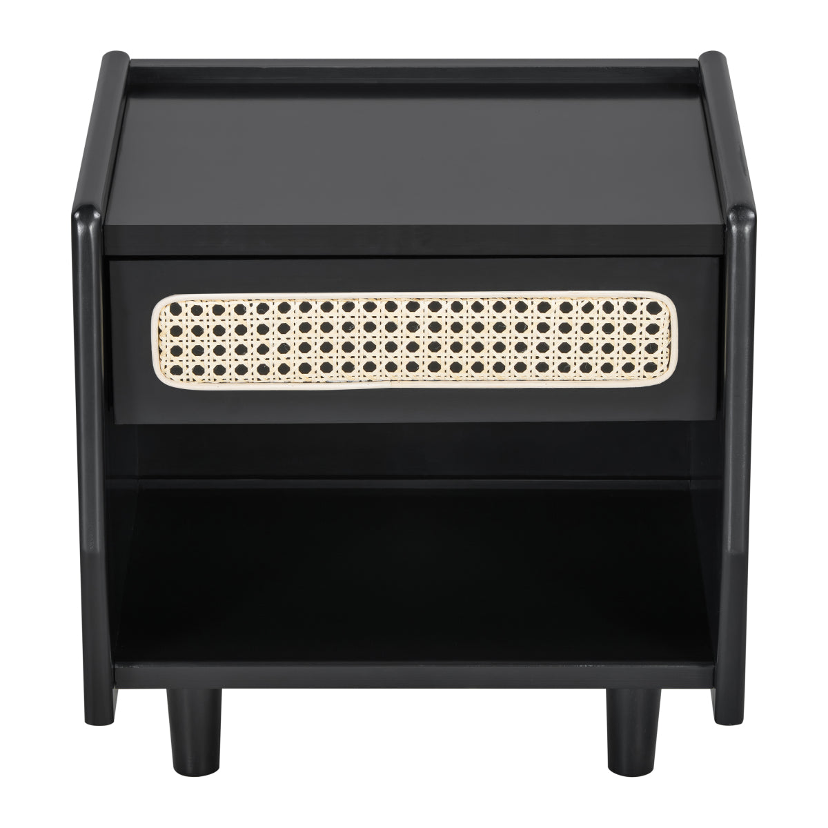 Christopher Knight Home® Black Nightstand with Rattan Detail, MDF + Solid Wood, Modern Bedroom Storage, Open Shelf & Drawer, Indoor Furniture
