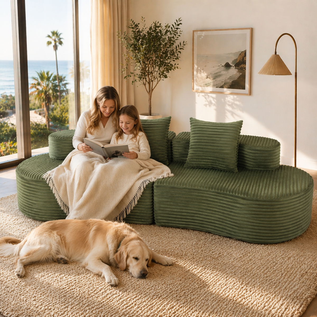 110.24" Fully Compressed Sofa, Corduroy 2-Seater Couch with 2 Lumbar Pillows, Cozy Deep Seat Upholstered Sofa, No Assembly Cloud Couch for Living Room & Bedroom, YKX-33003A-2-GREEN   WL