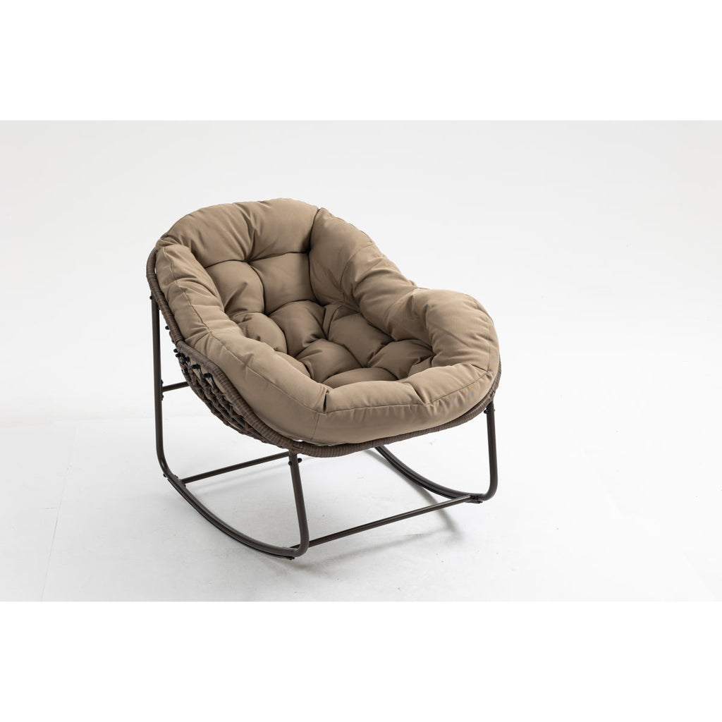 Outdoor Rocking Chair, Patio Oversized Wicker Egg Rocking Chair, Indoor & Outdoor Comfy Rocker Chair with Thick Cushion, Modern Lounge Chair for Balcony, Front Porch, Garden, Backyard, khaki