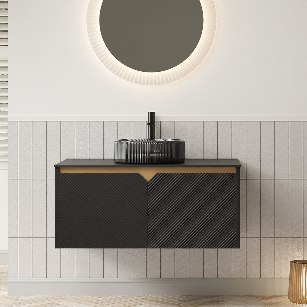 RUBEN 24" Bathroom Vanity&Sink, Wall-Mounted Floating Plywood Storage Cabinet, Twill Double Doors with Metal Trim, Black Round Ceramic Vessel Basin with Stone Pattern&Black Sintered Stone Top, Black
