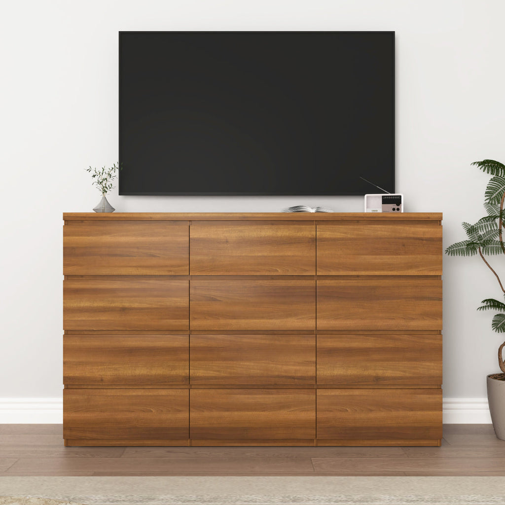12 Drawers Double Dresser, Modern Wood Dresser Chest of Drawers with Large Storage Space for Bedroom, Walnut