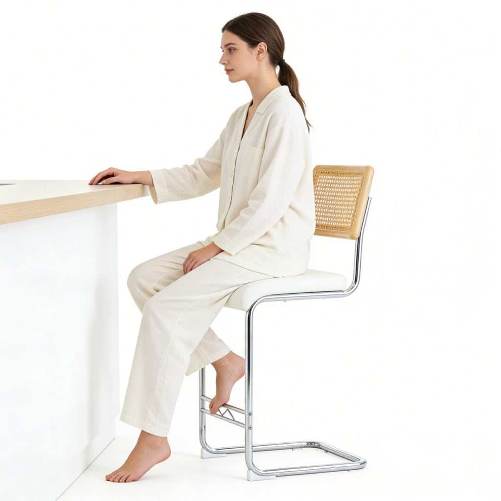 Natural rattan bar stool 2-piece set with solid wood backrest 25 inches medieval modern style counter stool white PU leather kitchen stool chrome metal legs.