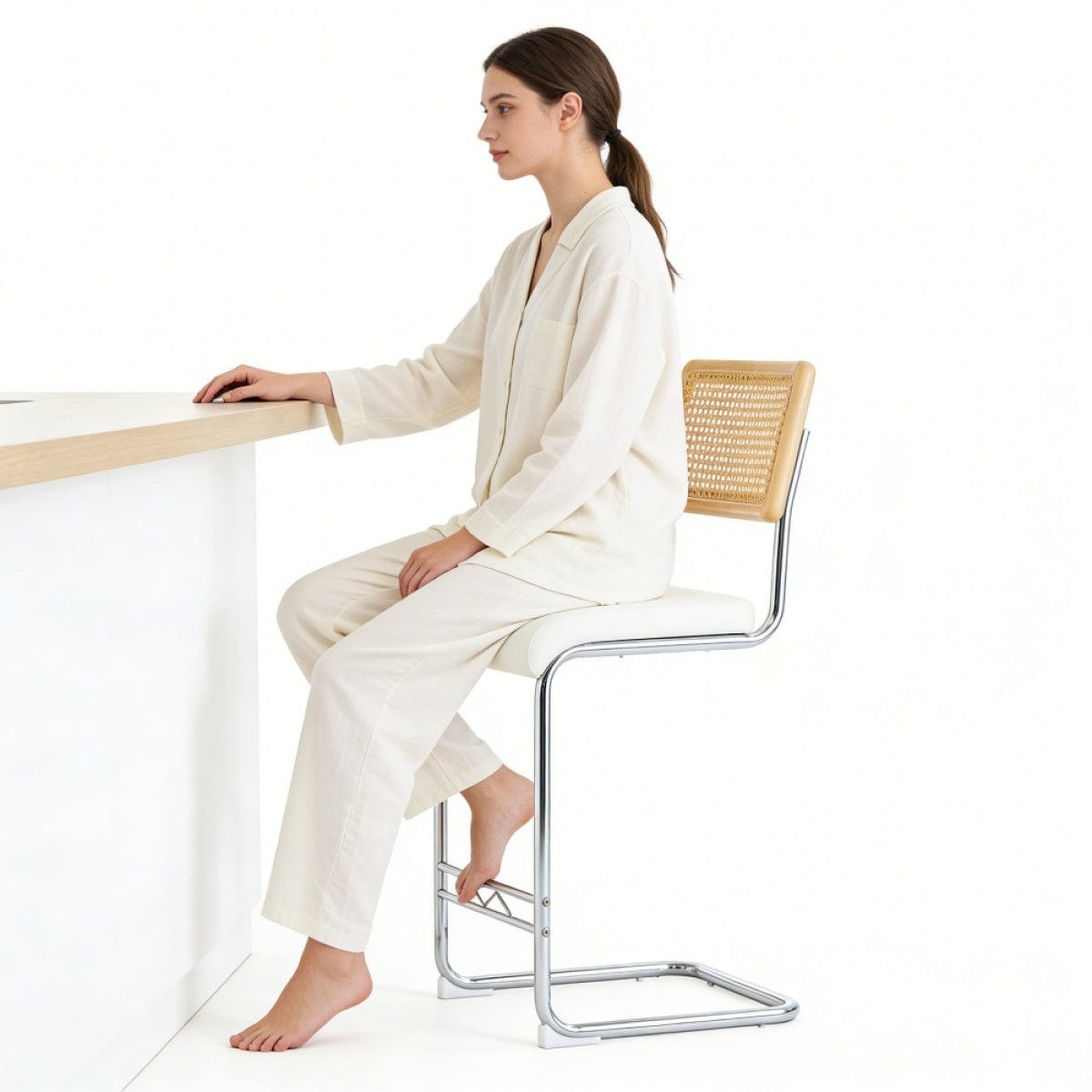 Natural rattan bar stool 2-piece set with solid wood backrest 25 inches medieval modern style counter stool white PU leather kitchen stool chrome metal legs.