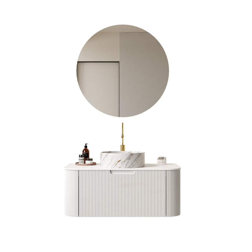 DINA 36" Bathroom Vanity&Sink, Floating Curved Edges Striped Storage Plywood Cabinet with Drawer, Matte Stone White Pattern Round Ceramic Basin&Sintered Stone Top, Pre-assembled, White (New SKU)