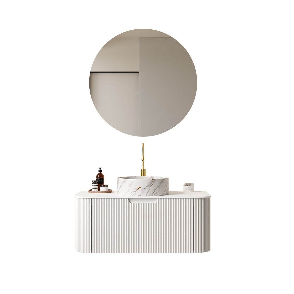 DINA 36" Bathroom Vanity&Sink, Floating Curved Edges Striped Storage Plywood Cabinet with Drawer, Matte Stone White Pattern Round Ceramic Basin&Sintered Stone Top, Pre-assembled, White (New SKU)