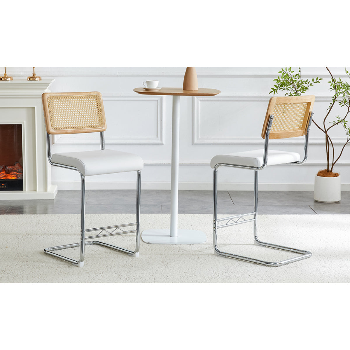 Natural rattan bar stool 2-piece set with solid wood backrest 25 inches medieval modern style counter stool white PU leather kitchen stool chrome metal legs.