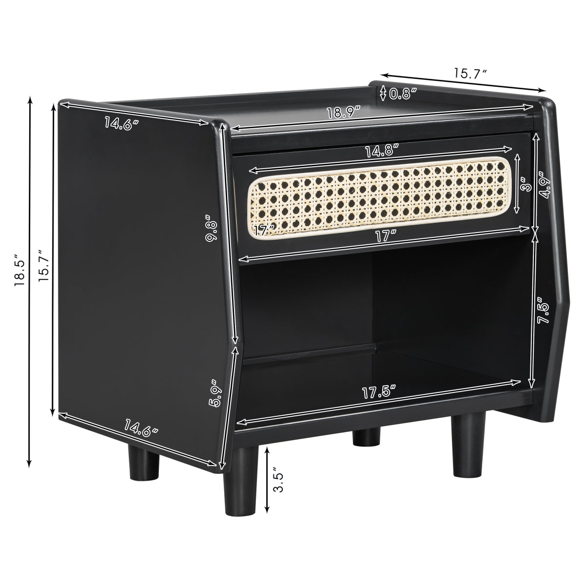 Christopher Knight Home® Black Nightstand with Rattan Detail, MDF + Solid Wood, Modern Bedroom Storage, Open Shelf & Drawer, Indoor Furniture