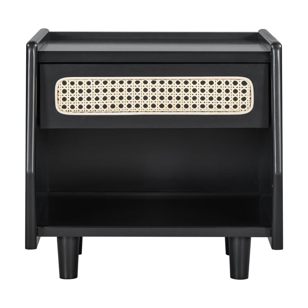 Christopher Knight Home® Black Nightstand with Rattan Detail, MDF + Solid Wood, Modern Bedroom Storage, Open Shelf & Drawer, Indoor Furniture