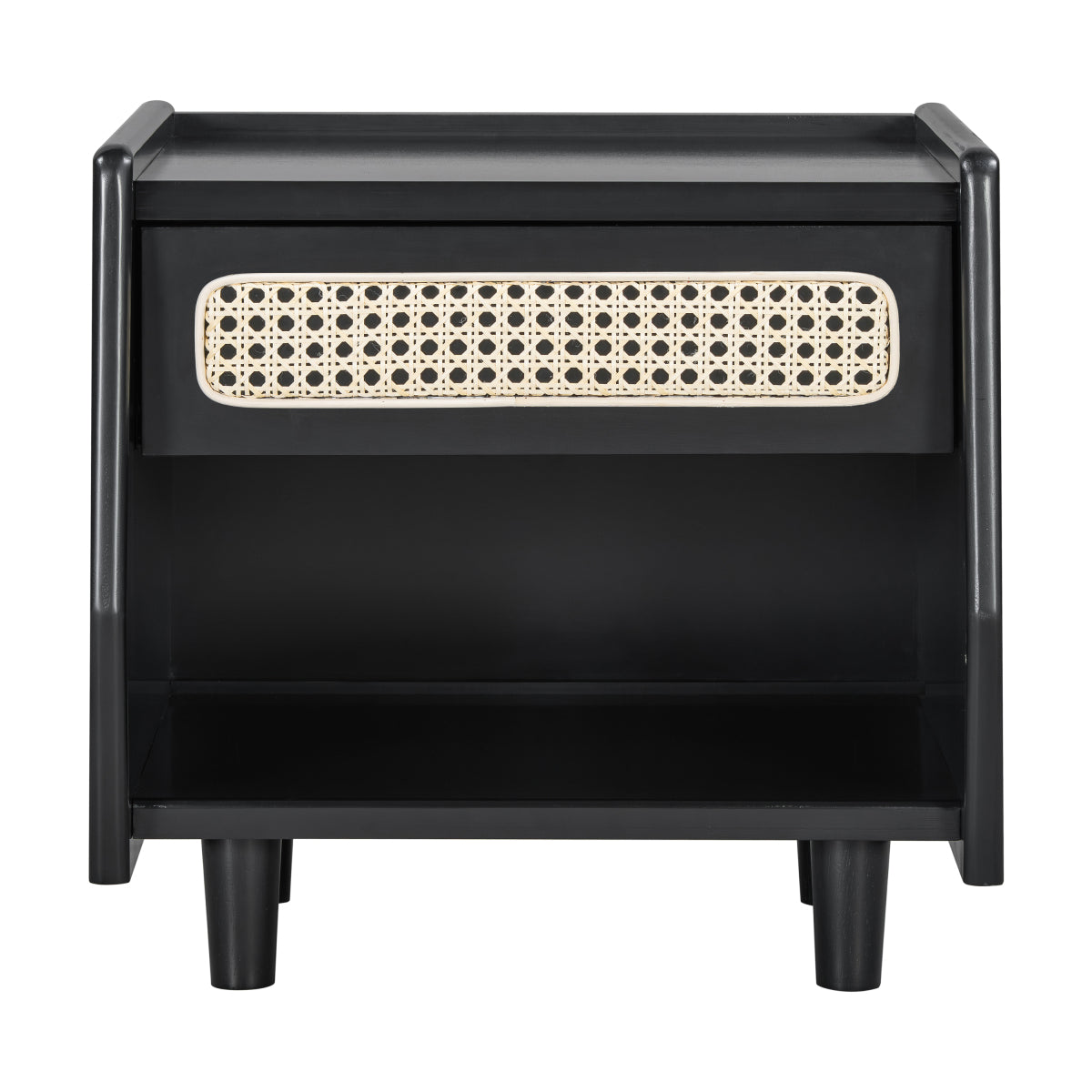 Christopher Knight Home® Black Nightstand with Rattan Detail, MDF + Solid Wood, Modern Bedroom Storage, Open Shelf & Drawer, Indoor Furniture