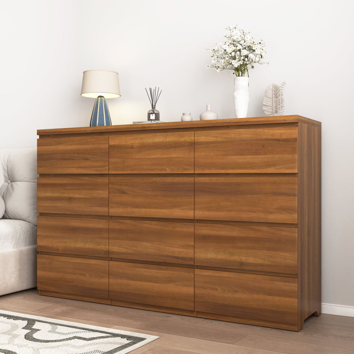 12 Drawers Double Dresser, Modern Wood Dresser Chest of Drawers with Large Storage Space for Bedroom, Walnut