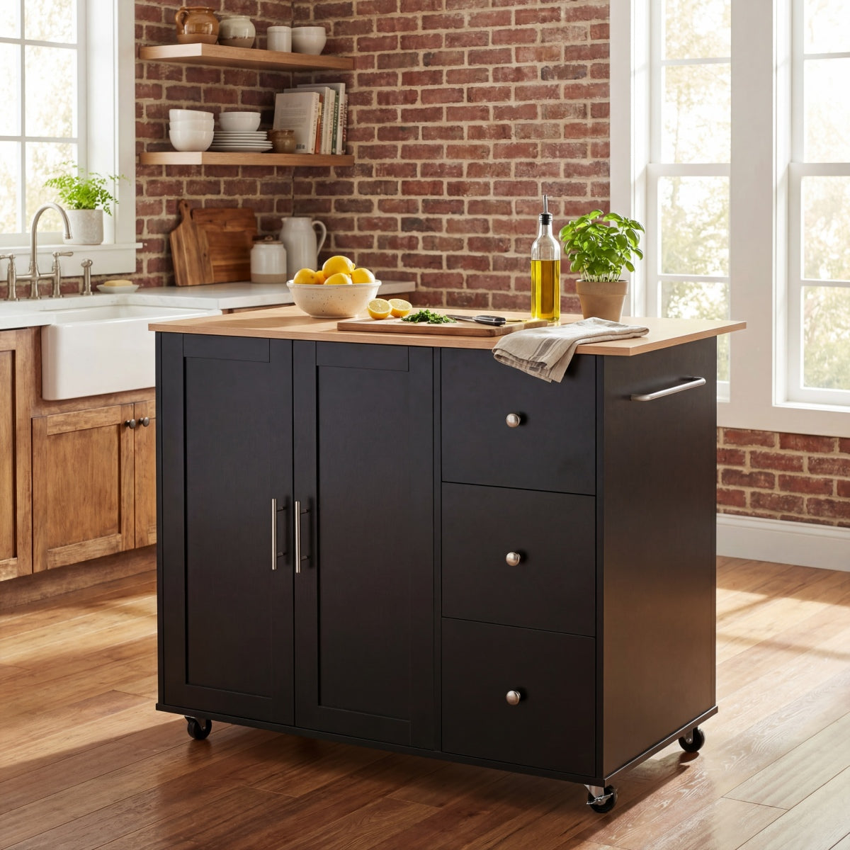 Christopher Knight Home® Mobile Kitchen Cart with Storage, 39.76'' Rolling Kitchen Island with 2 Doors, 3 Drawers & Adjustable Shelf, Black Utility Cart for Kitchen/Dining Room    RR
