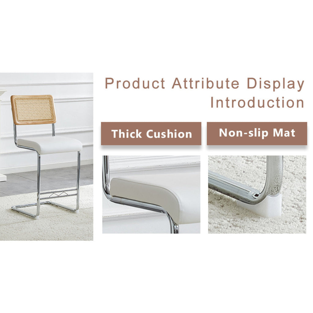 Natural rattan bar stool 2-piece set with solid wood backrest 25 inches medieval modern style counter stool white PU leather kitchen stool chrome metal legs.