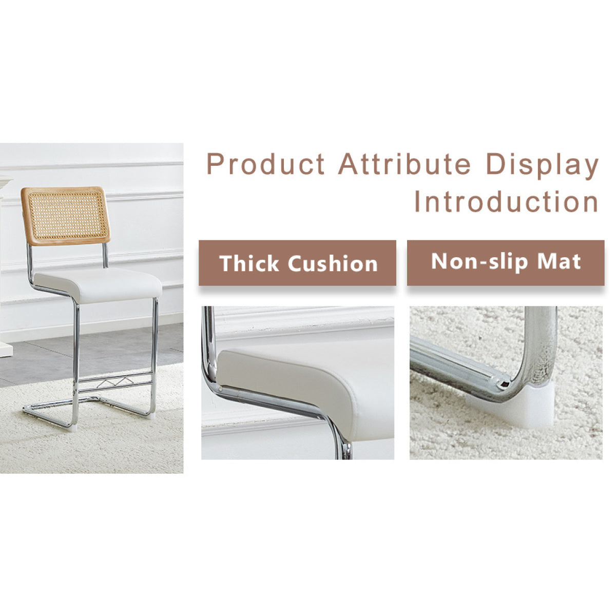 Natural rattan bar stool 2-piece set with solid wood backrest 25 inches medieval modern style counter stool white PU leather kitchen stool chrome metal legs.