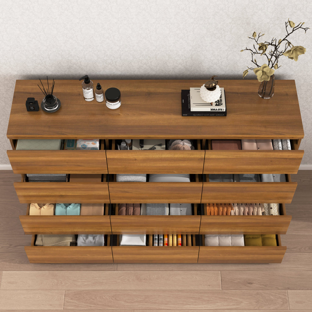 12 Drawers Double Dresser, Modern Wood Dresser Chest of Drawers with Large Storage Space for Bedroom, Walnut