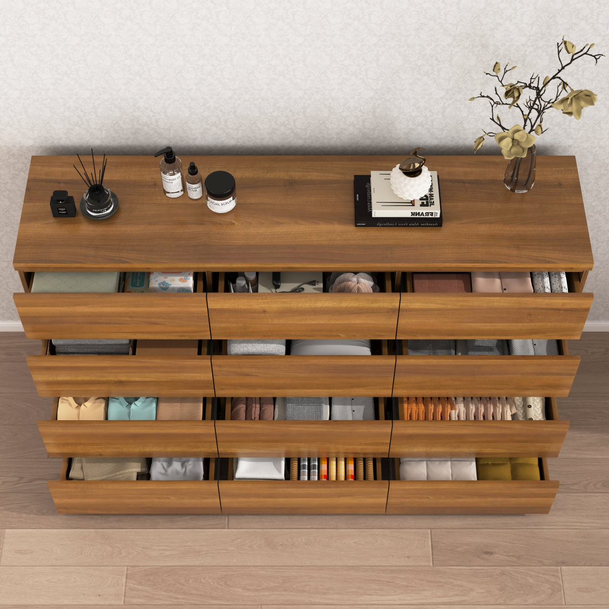 12 Drawers Double Dresser, Modern Wood Dresser Chest of Drawers with Large Storage Space for Bedroom, Walnut