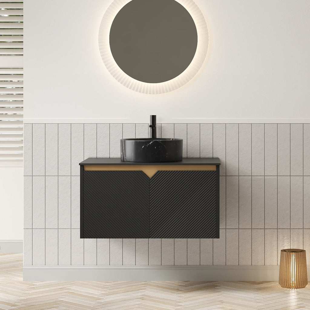 RUBEN 24" Bathroom Vanity&Sink, Wall-Mounted Floating Plywood Storage Cabinet, Twill Double Doors with Metal Trim, Black Round Ceramic Vessel Basin with Stone Pattern&Black Sintered Stone Top, Black