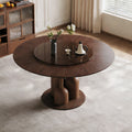 59-inch Natural Oak Wabi-Sabi Round Dining Table with 35-inch Tempered Glass Lazy Susan, Handcrafted Japanese Style Sculptural Table for Living Room & Restaurant    RR