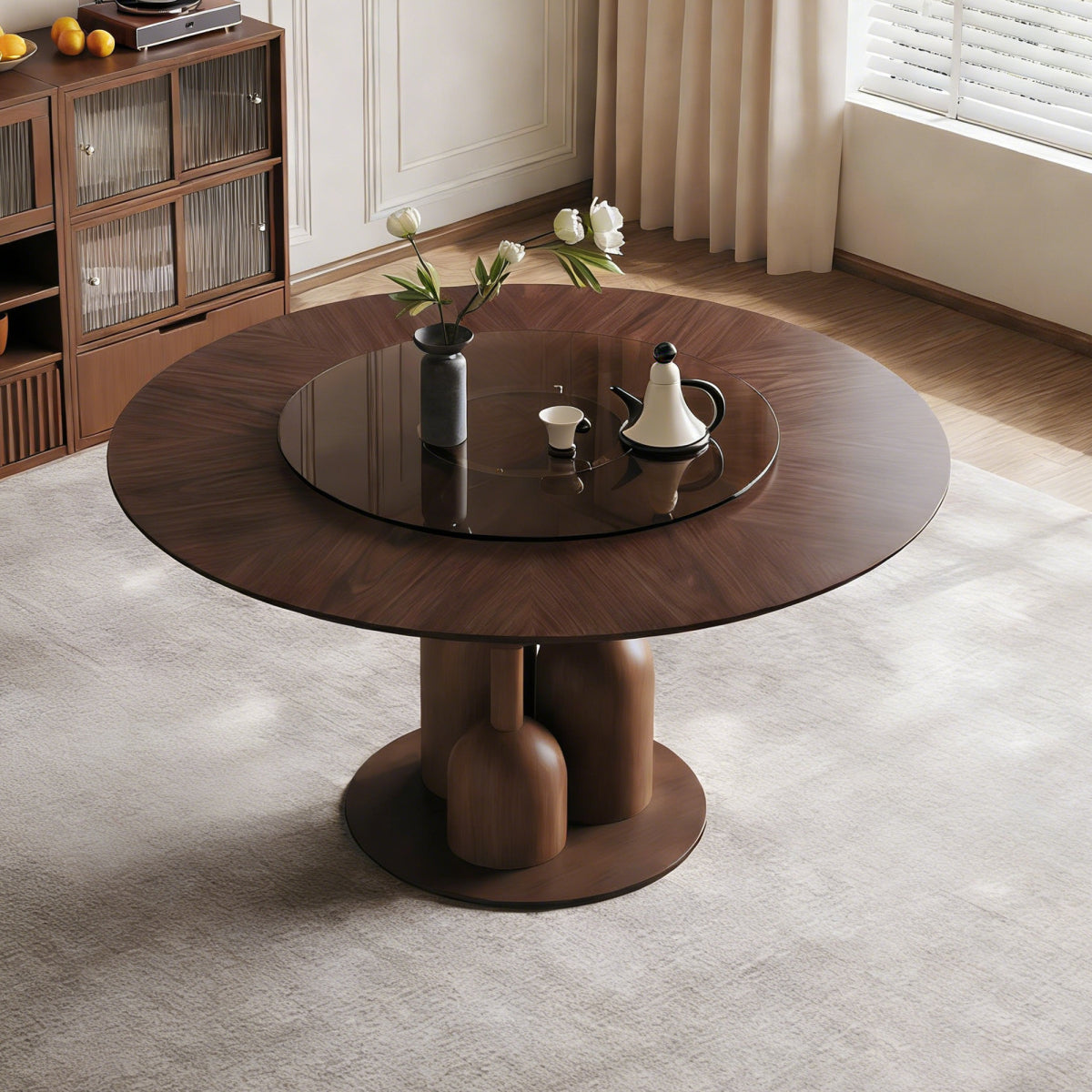 59-inch Natural Oak Wabi-Sabi Round Dining Table with 35-inch Tempered Glass Lazy Susan, Handcrafted Japanese Style Sculptural Table for Living Room & Restaurant    RR
