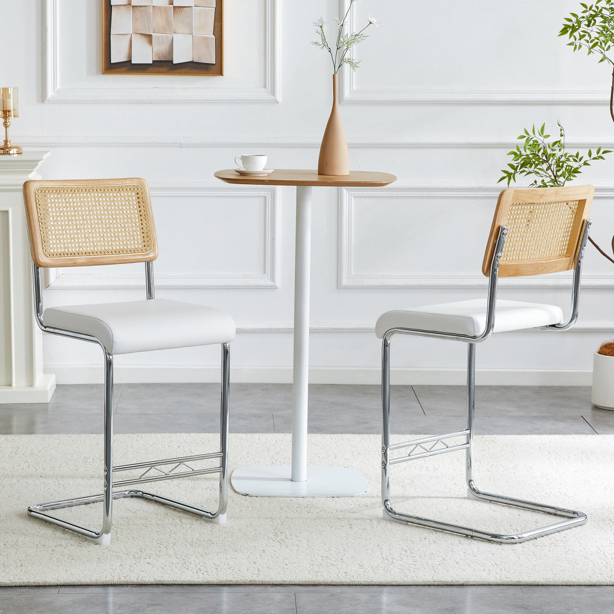 Natural rattan bar stool 2-piece set with solid wood backrest 25 inches medieval modern style counter stool white PU leather kitchen stool chrome metal legs.