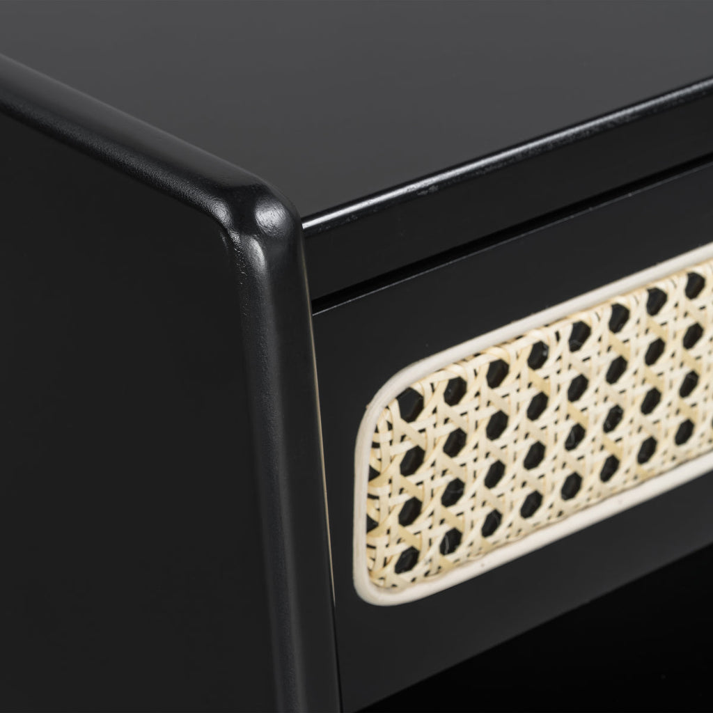 Christopher Knight Home® Black Nightstand with Rattan Detail, MDF + Solid Wood, Modern Bedroom Storage, Open Shelf & Drawer, Indoor Furniture