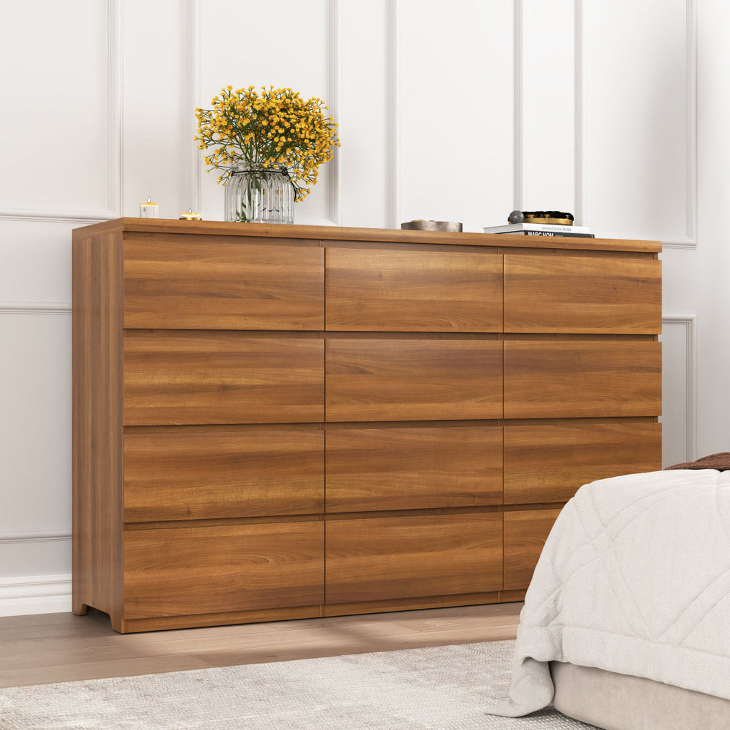12 Drawers Double Dresser, Modern Wood Dresser Chest of Drawers with Large Storage Space for Bedroom, Walnut