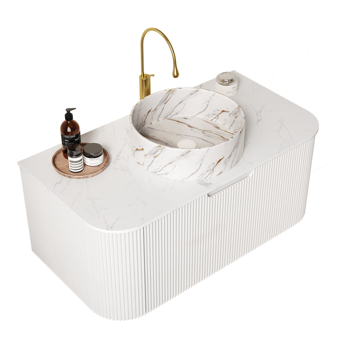 DINA 36" Bathroom Vanity&Sink, Floating Curved Edges Striped Storage Plywood Cabinet with Drawer, Matte Stone White Pattern Round Ceramic Basin&Sintered Stone Top, Pre-assembled, White (New SKU)