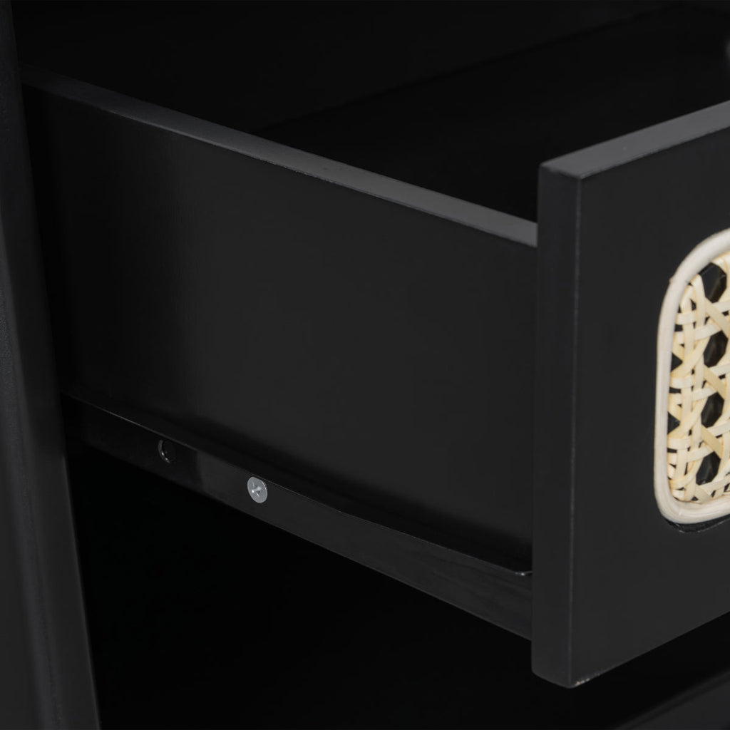 Christopher Knight Home® Black Nightstand with Rattan Detail, MDF + Solid Wood, Modern Bedroom Storage, Open Shelf & Drawer, Indoor Furniture