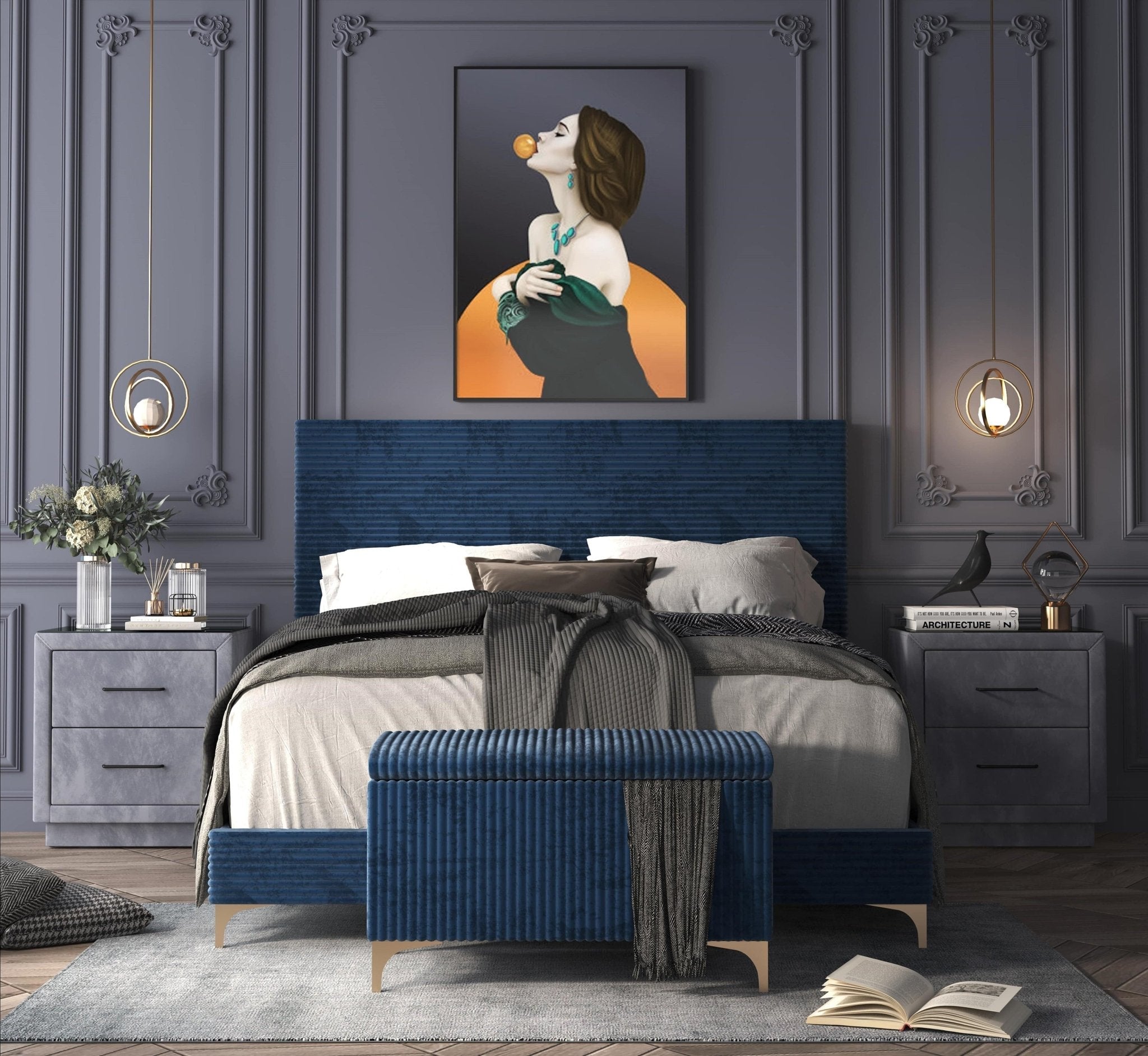 Midnight Blue Velvet Queen Bed with Storage Bench